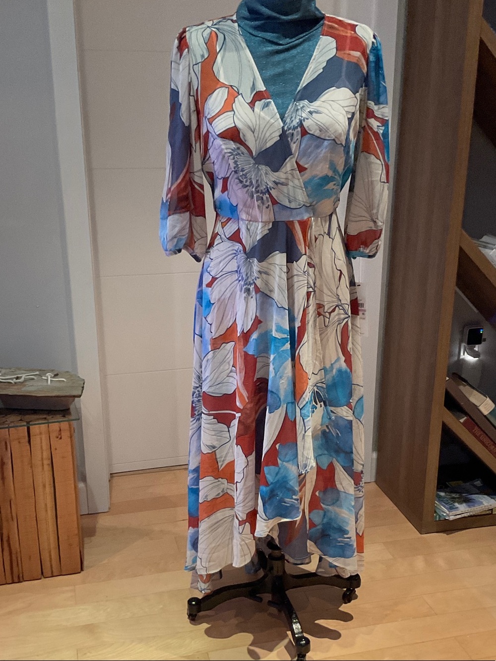 Calvin Klein Floral V-Neck Maxi Dress in Blue, Red & White